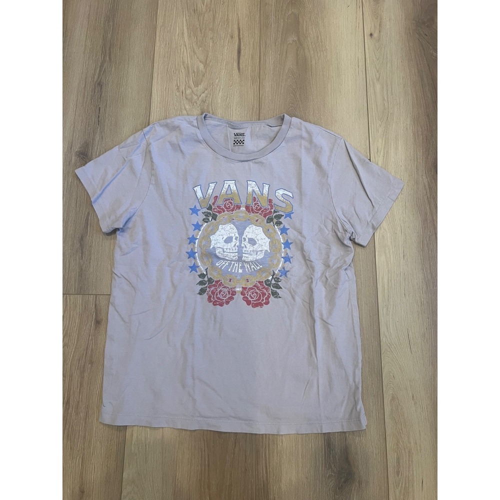 Vans Light Gray Purple Shirt w/Skull & Rose Design T-Shirt, Size Medium